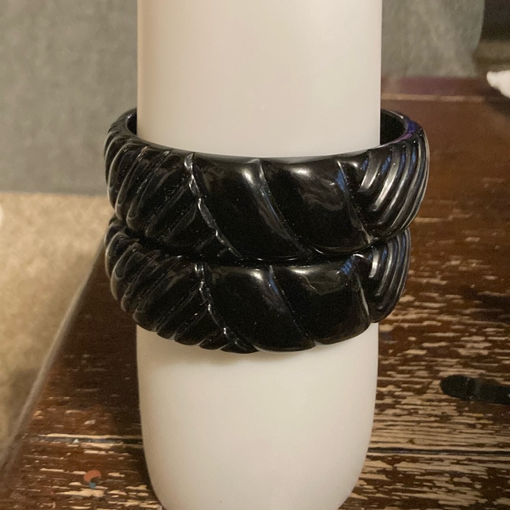 Genuine Lucite chunky black bangles . Made in Hong Kong . Pre owned condition